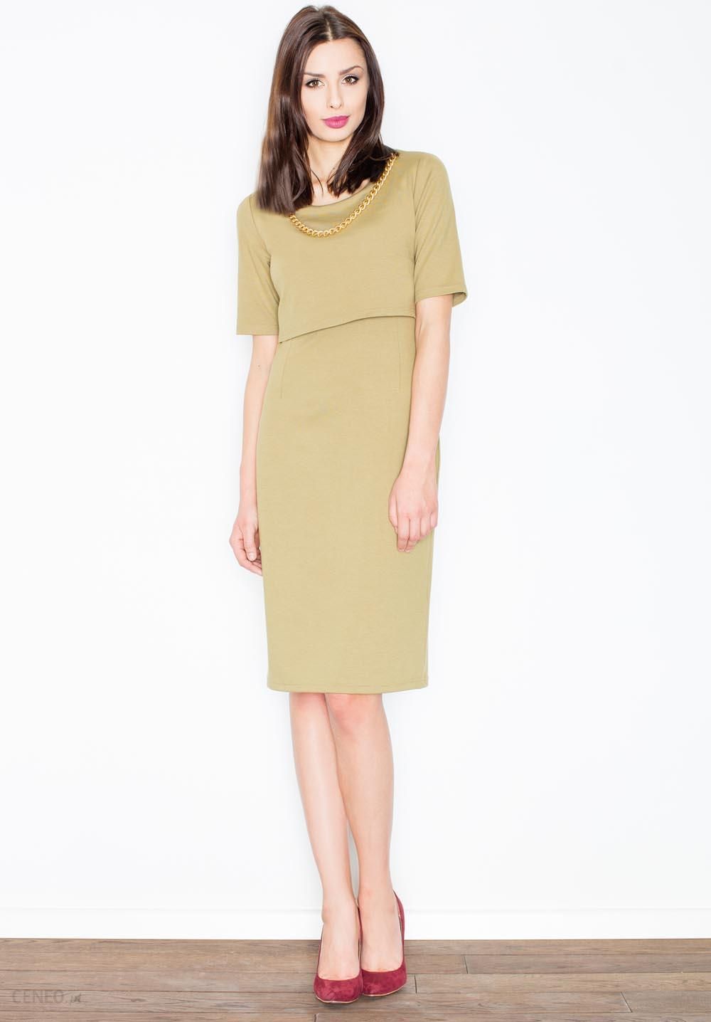 Figl Oliwkowa Elegancka Midi Sukienka z Biżuteryjnym Łańcuszkiem