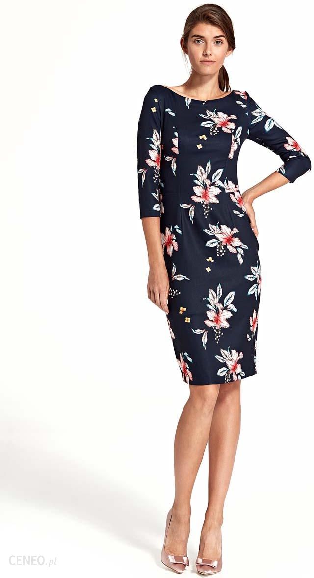 Granatowa Elegancka Dopasowana Sukienka w Kwiaty z Wycięciem na Plecach