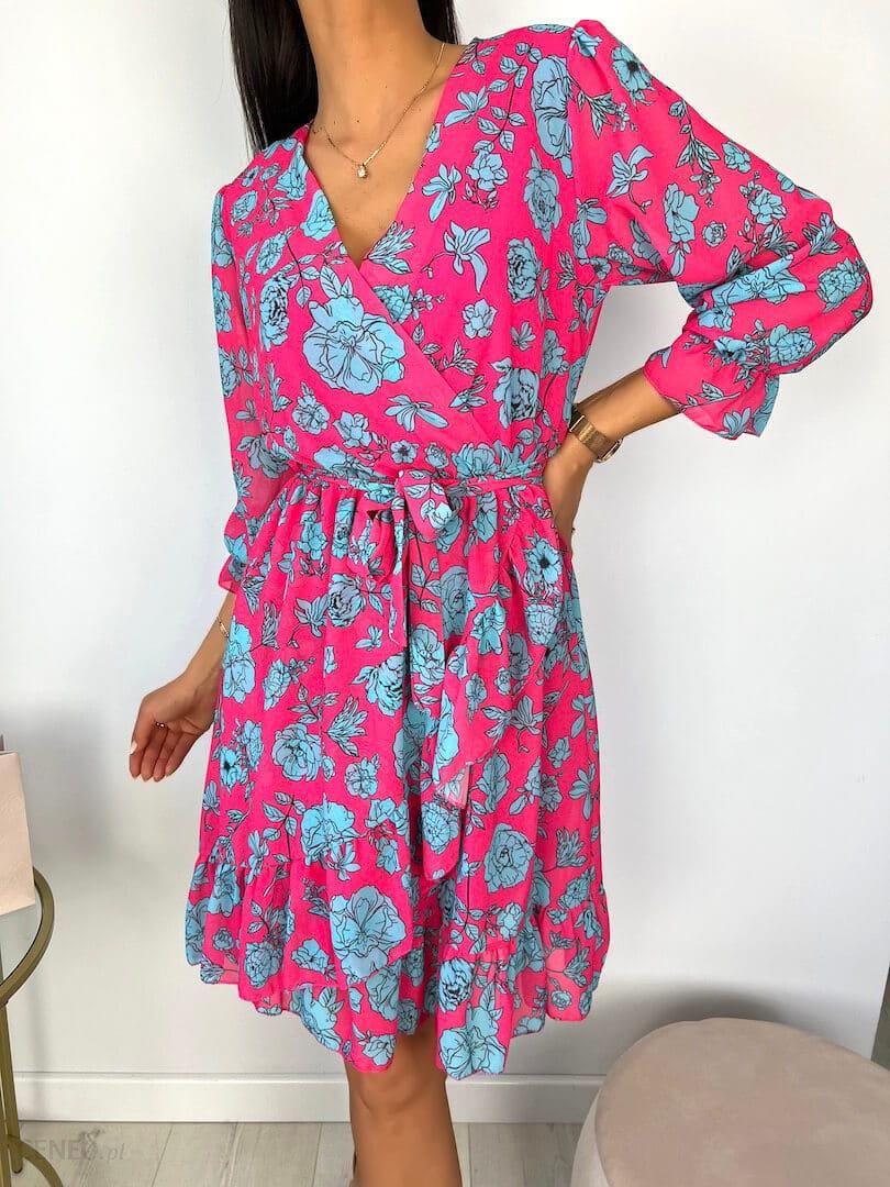 Różowa Sukienka w Niebieskie Kwiaty 7833-75-B