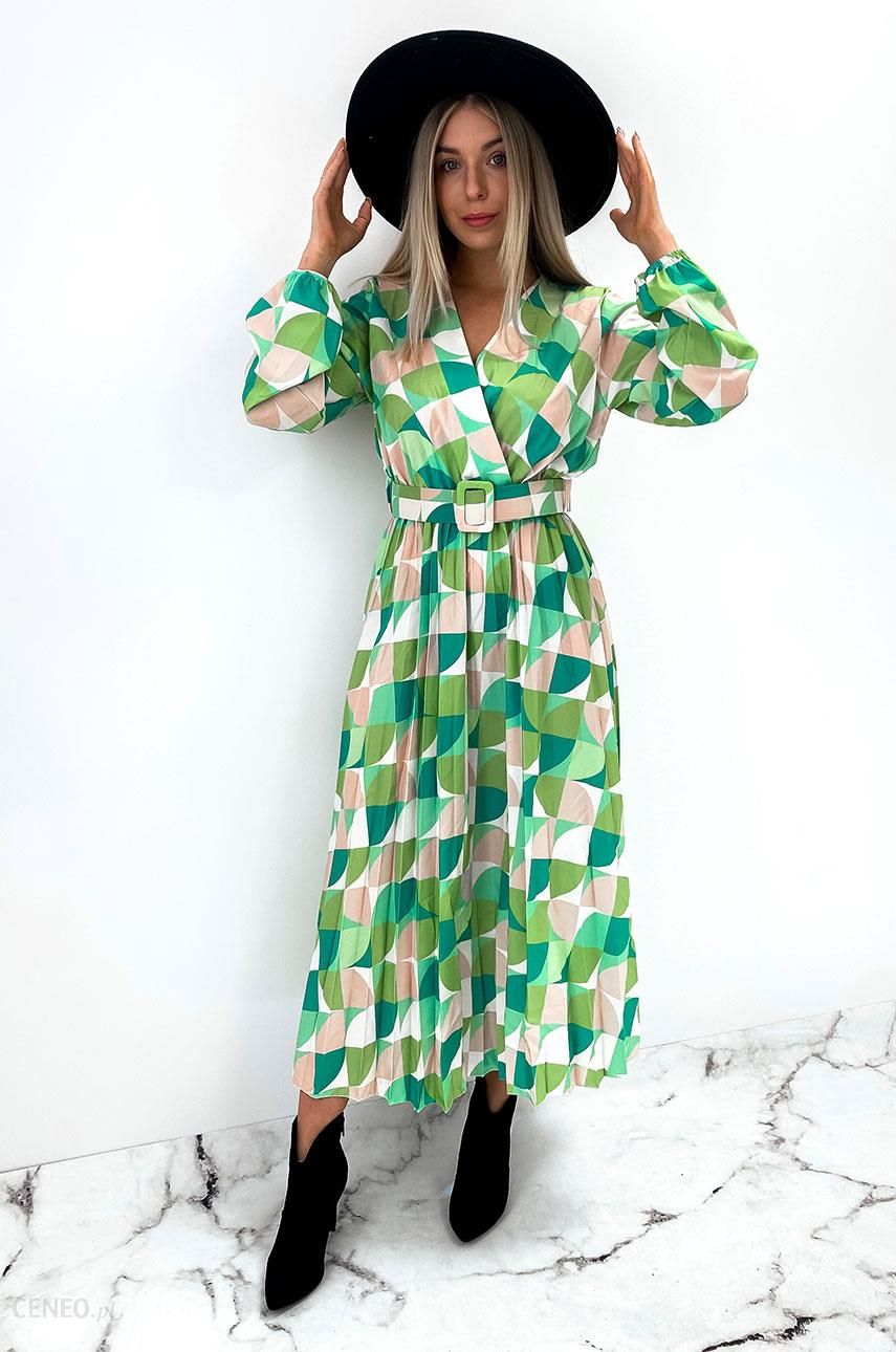 Sukienka midi plisowana we wzory zieleń-beż Rica Rozmiar: UNI