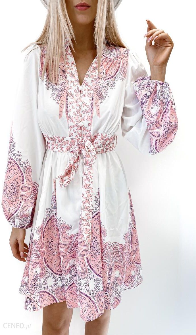 Sukienka rozkloszowana w etno wzory róż-biel Yemen Rozmiar: S/M